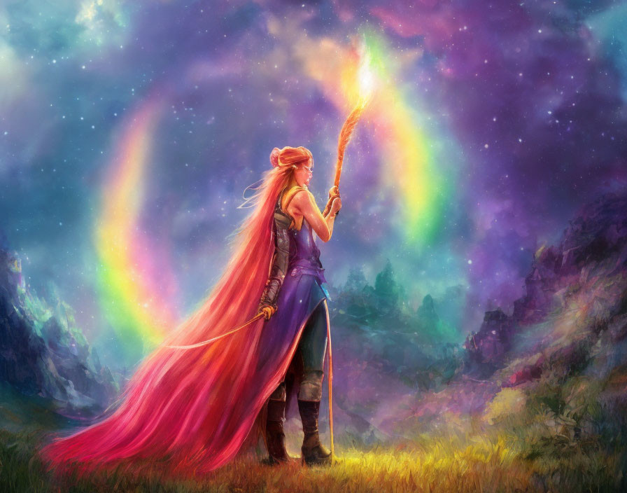 Woman with glowing staff in colorful fantasy landscape