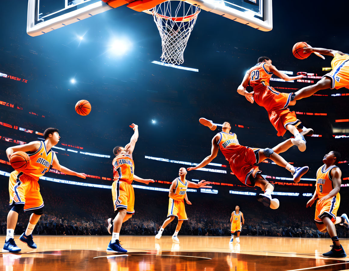 Dynamic basketball players in mid-air action with glowing orange background.