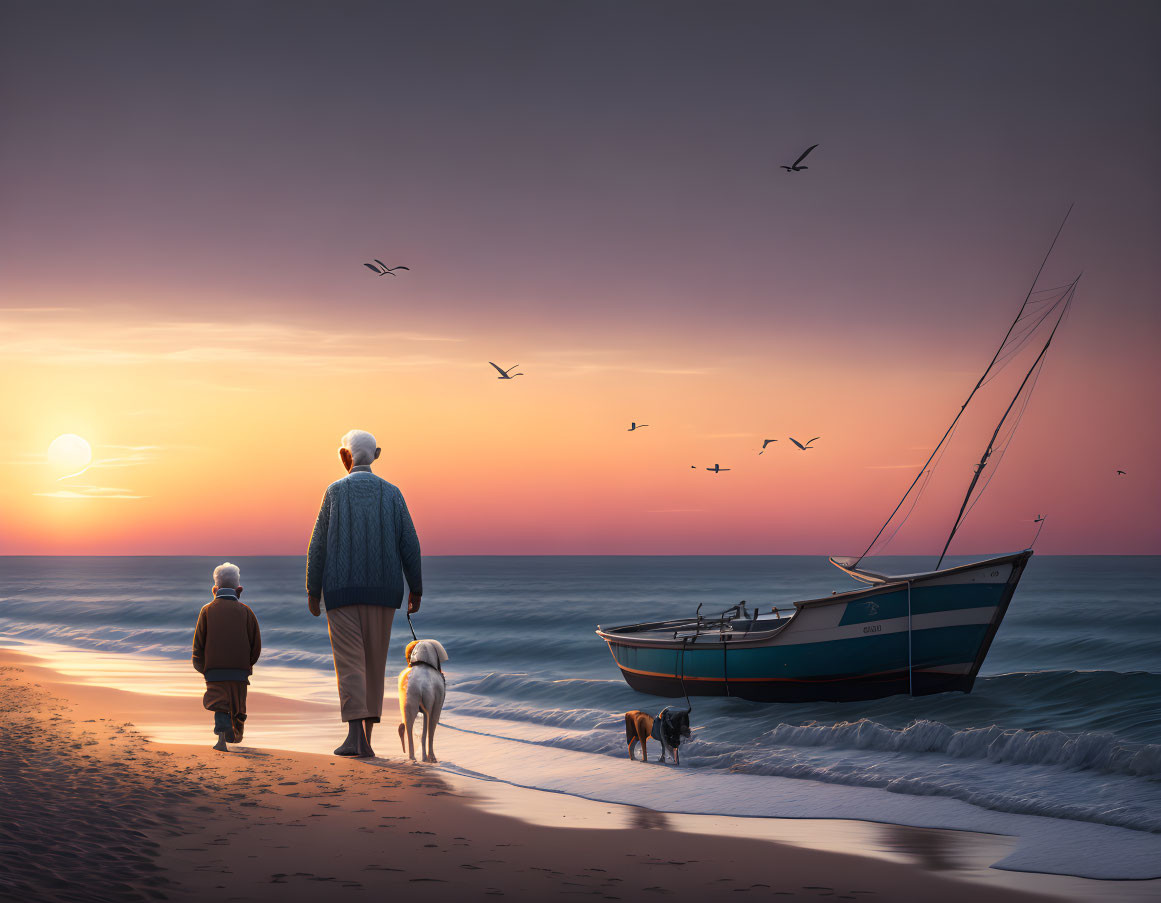 Elderly person, children, dog, boat, birds on beach at sunset