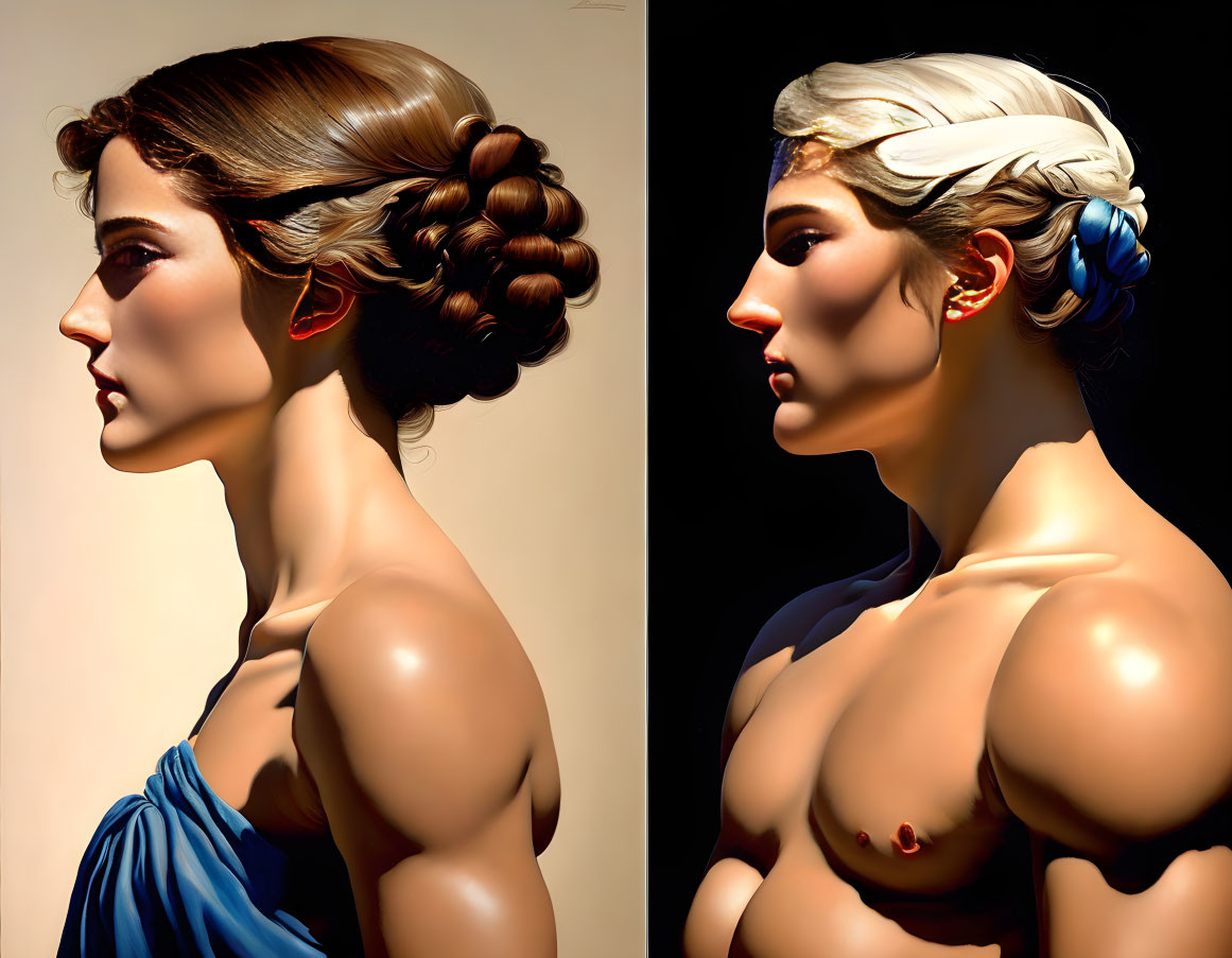 Classical-style busts featuring modern elements of a woman with intricate hairdos and vibrant blue dress