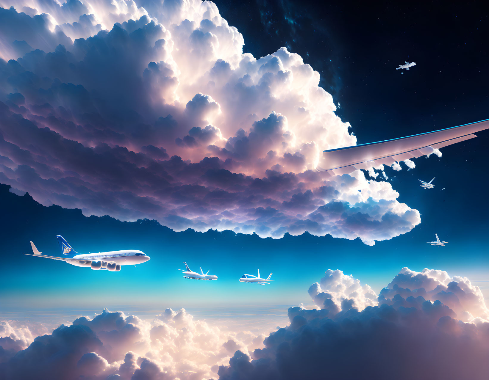 Various commercial airplanes at different altitudes in dramatic sky with outer space.