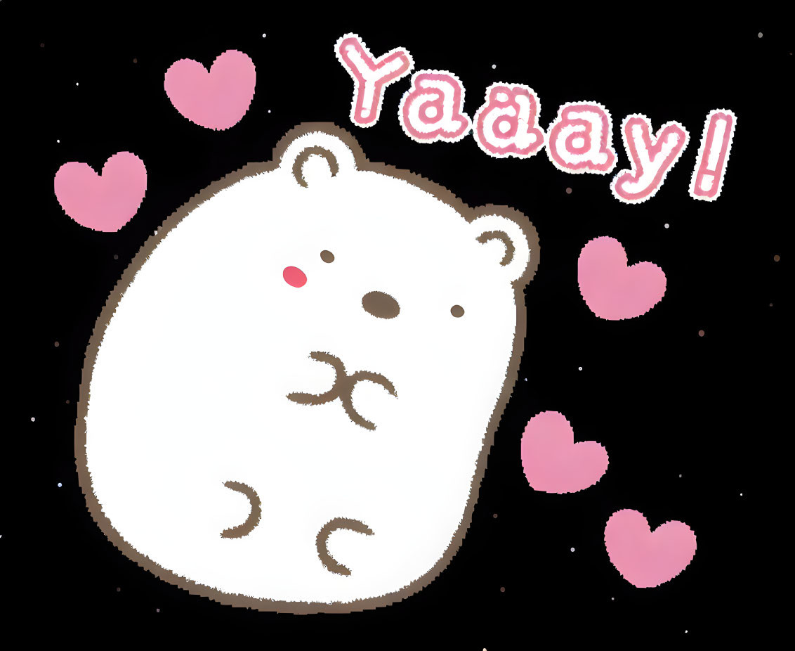 Happy white bear surrounded by pink hearts and "Yaaay!" text illustration