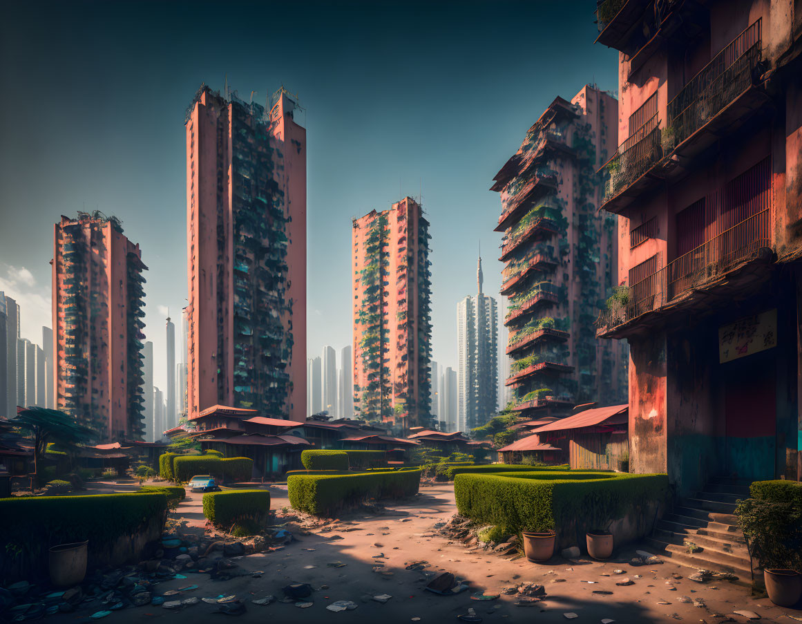 Dilapidated high-rises and deserted homes in post-apocalyptic urban scene