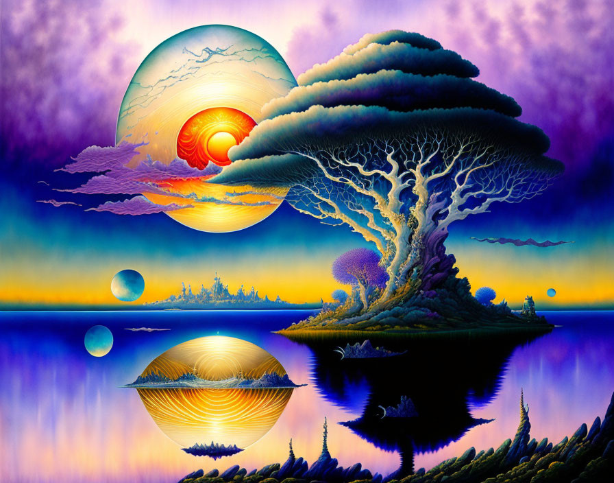 Vibrant surreal landscape: large tree on island, moons and suns in sky