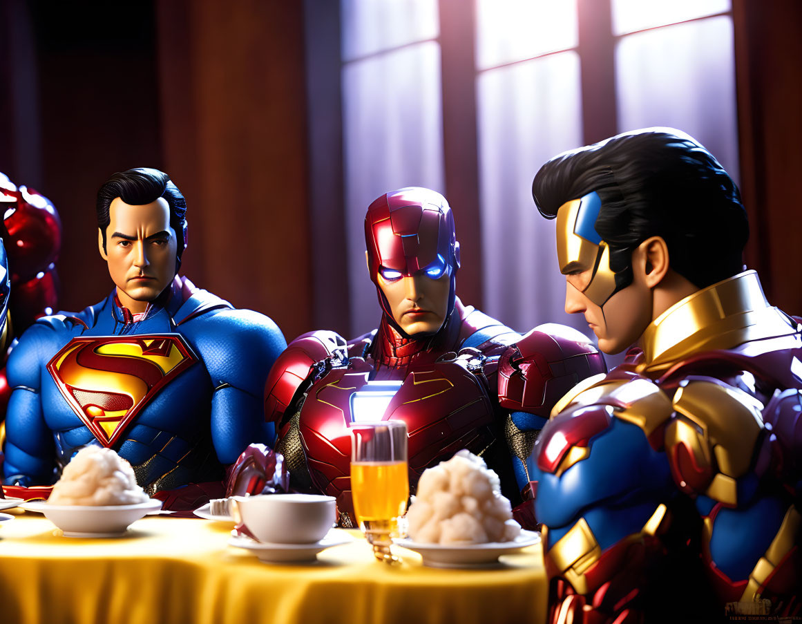 Superhero Figures at Table with Steaming Dishes