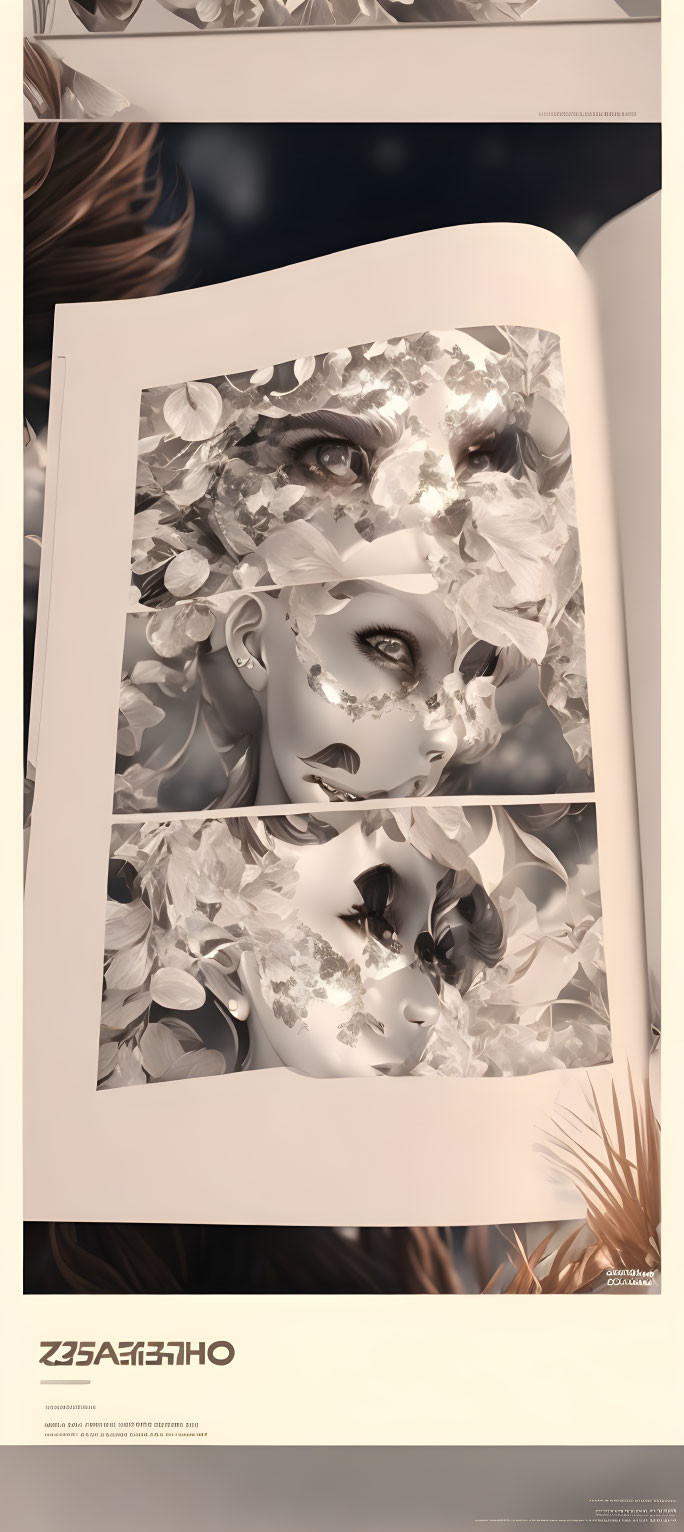 Monochrome image collage of woman's face obscured by floral elements