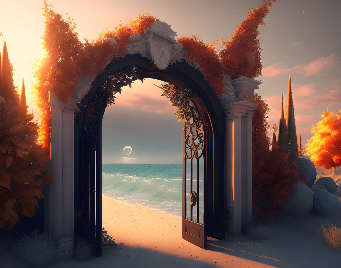 Ornate open gate to serene beach at sunset with crescent moon