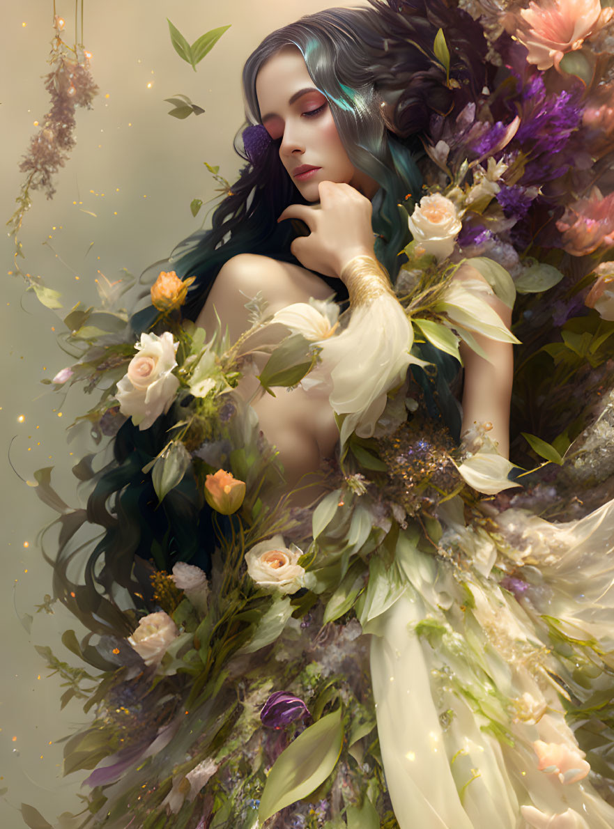 Ethereal figure with flowing hair and flowers cradling a thistle in natural backdrop