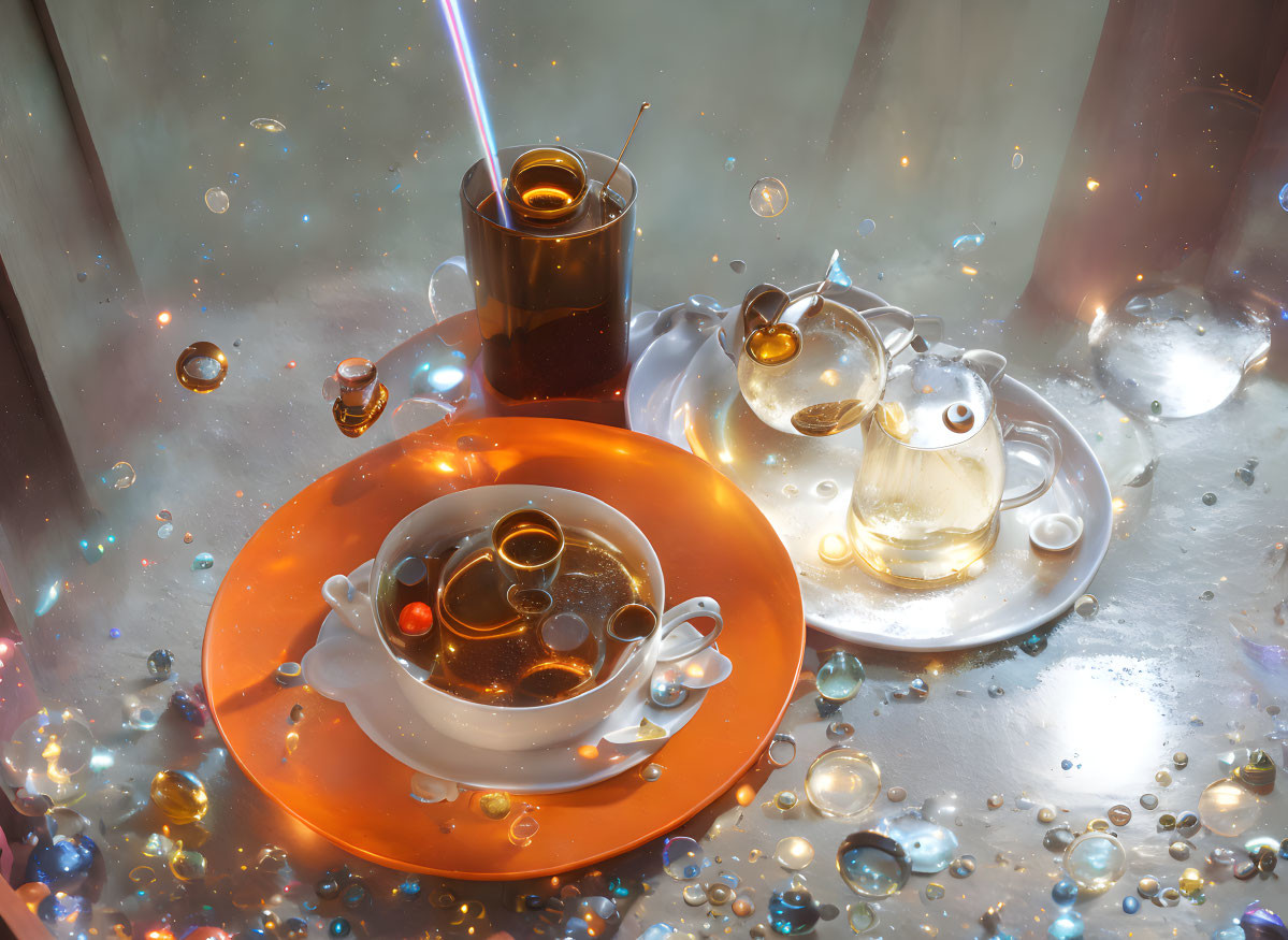 Glowing orbs tea set with suspended liquid on illuminated backdrop