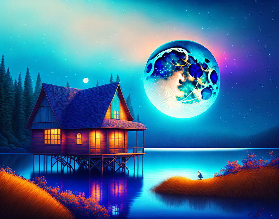 Illustration of stilted house by calm lake under starry sky with moon and lone figure