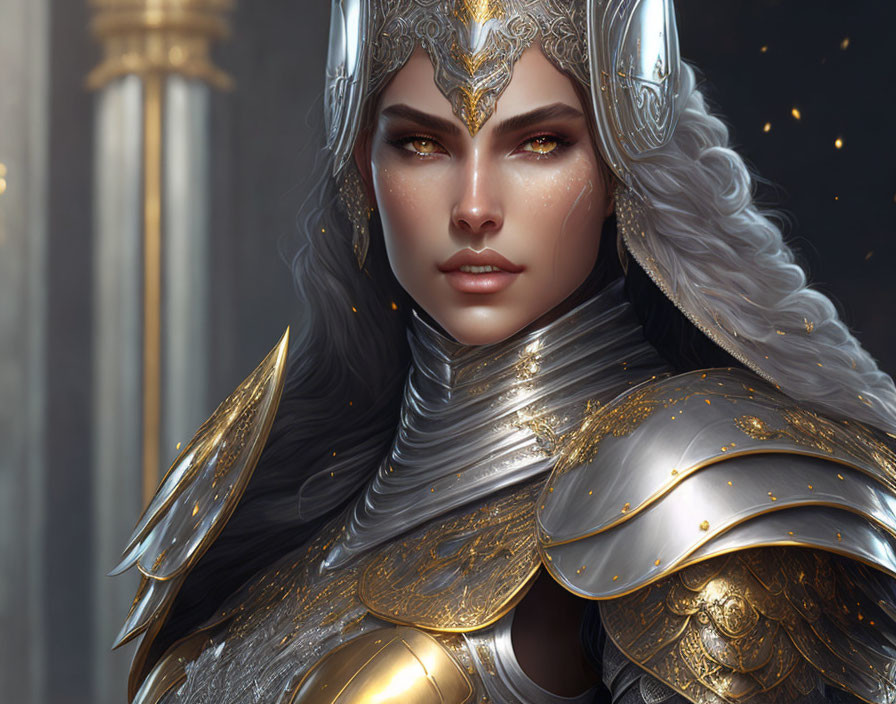 Female Warrior Digital Artwork: Ornate Golden Armor & Ethereal Glow
