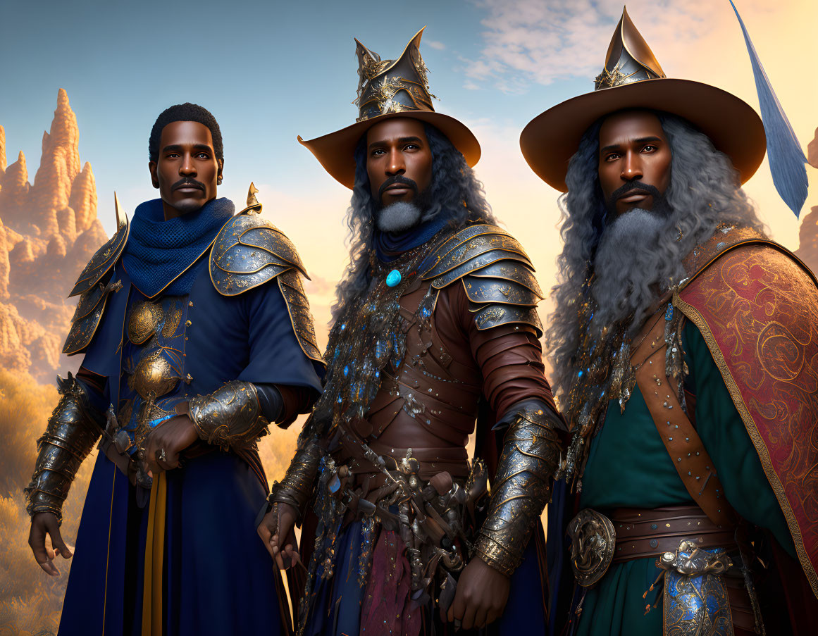 Three wizards in ornate armor against mountainous backdrop at sunset