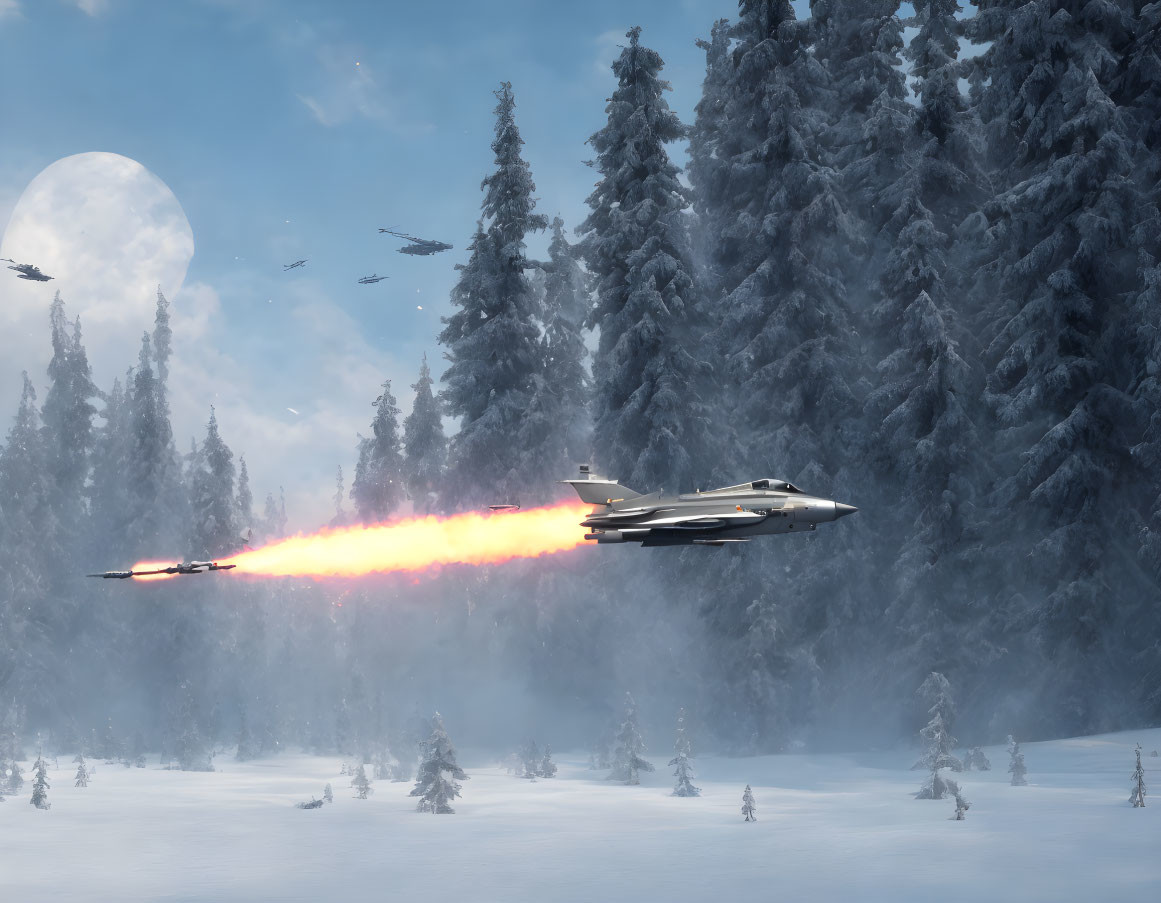 Fighter jet with afterburners flies over snowy forest at night