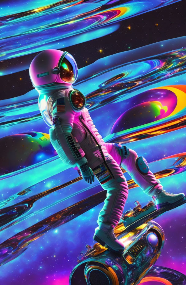 Astronaut with reflective helmet in vibrant cosmic space