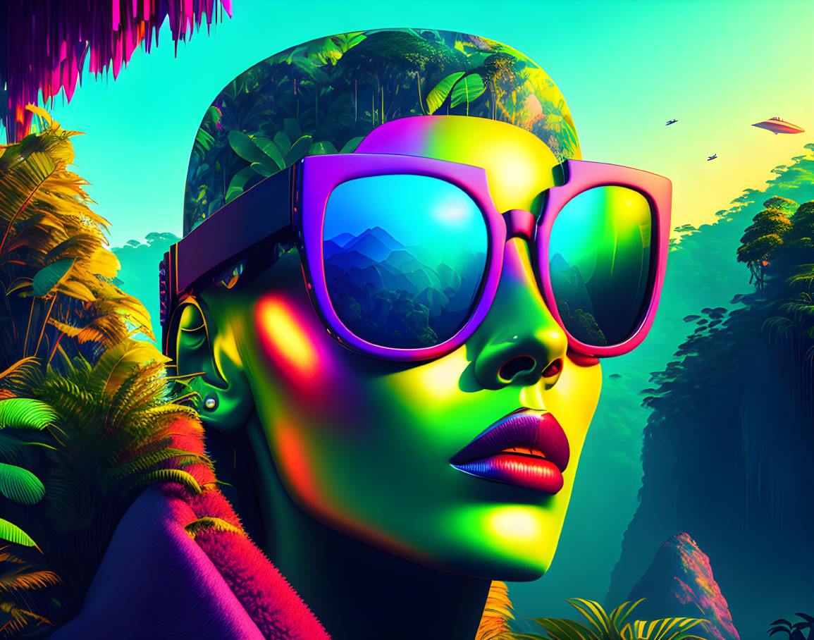 Vibrant digital artwork of stylized female figure with sunglasses and mountain reflection on tropical background