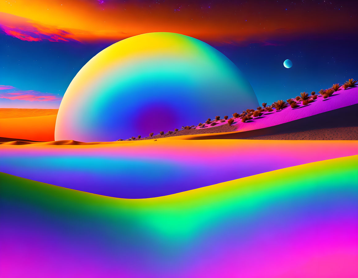 Surreal desert landscape with multicolored dunes and rainbow sphere