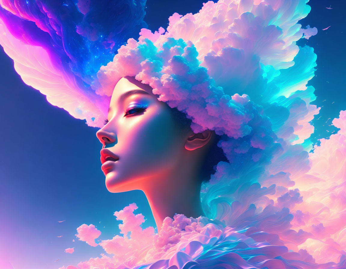 Colorful digital artwork: Woman surrounded by swirling clouds in pink and blue