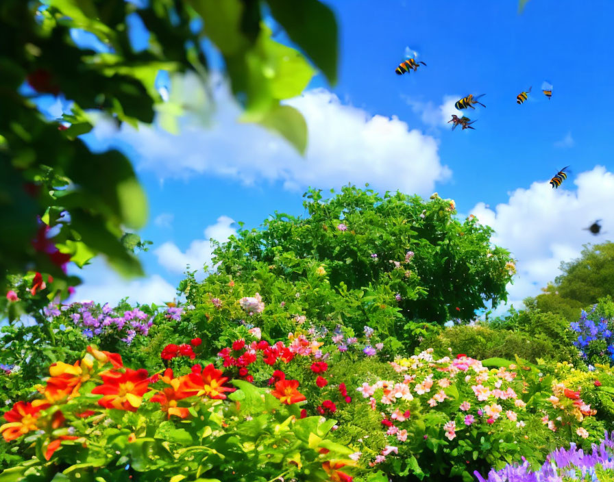 Colorful Flower Garden with Bees and Blue Sky