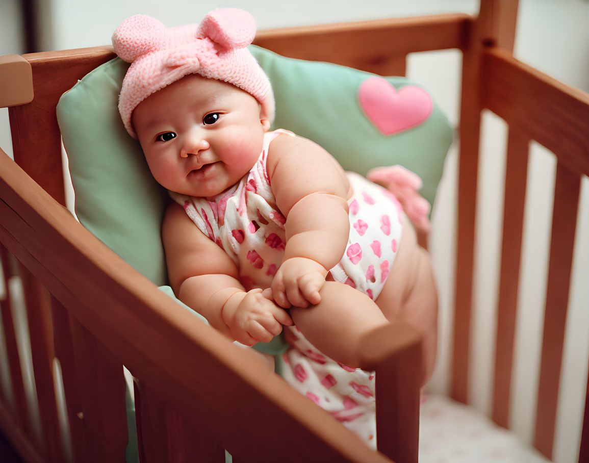 Baby in pink bow headband and heart outfit in wooden crib with green cushion