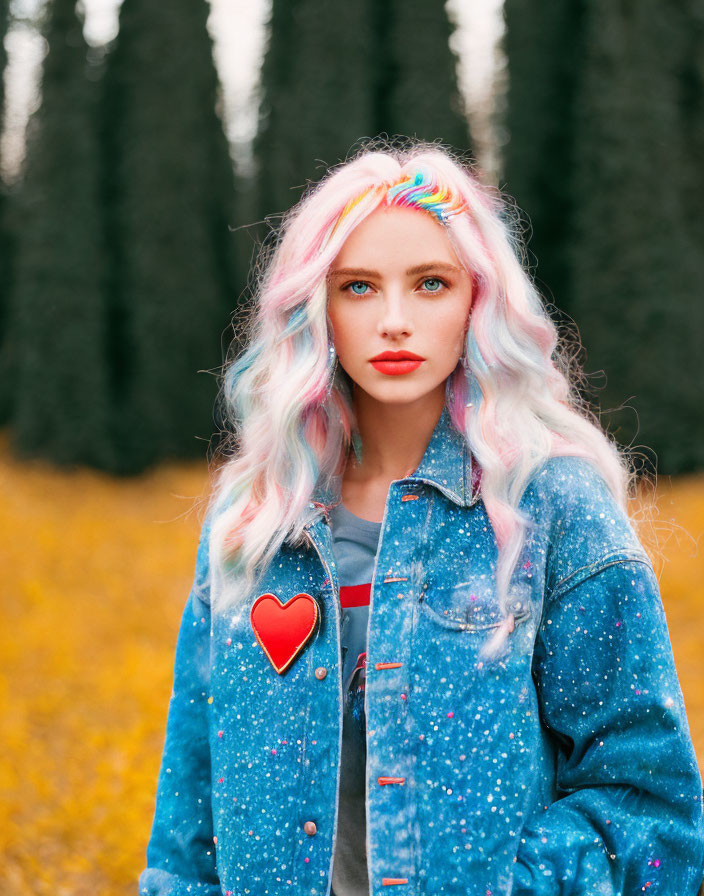 Woman with Pastel Rainbow Hair in Denim Jacket Standing in Forest Clearing