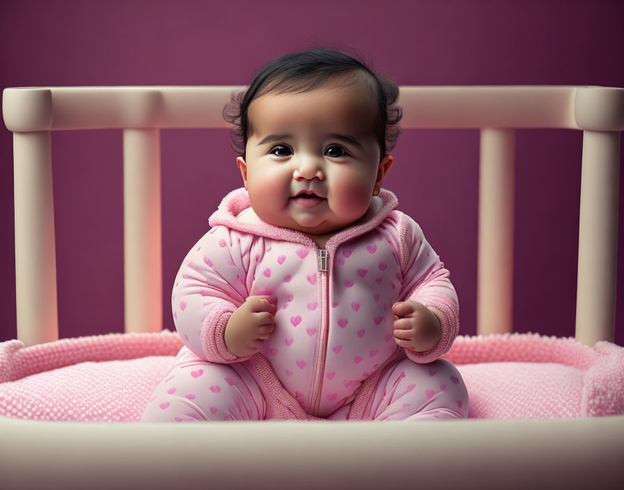 Smiling baby in pink onesie sitting in crib on purple background