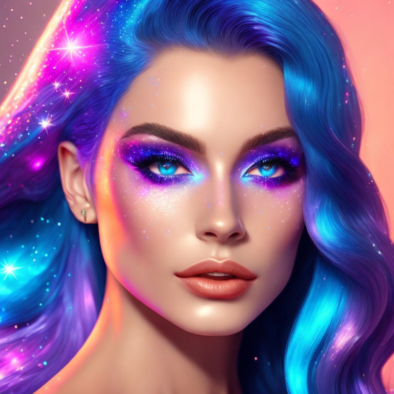 Woman with Blue and Purple Hair in Cosmic-Themed Digital Art