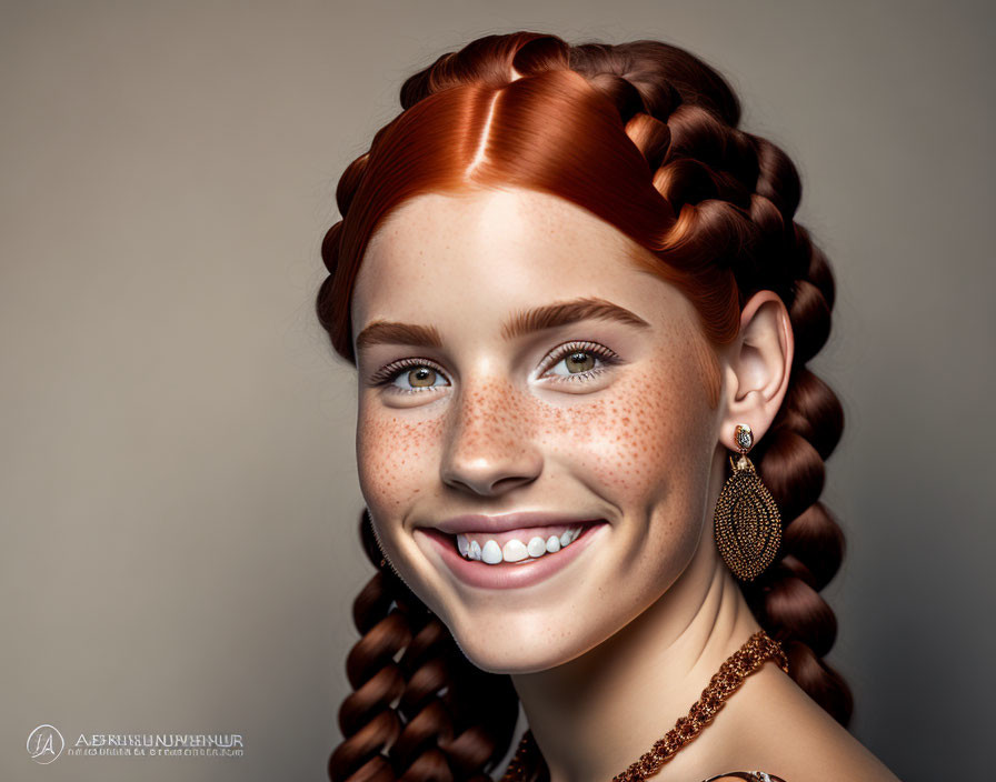 Freckled woman with red braided hair in 3D illustration