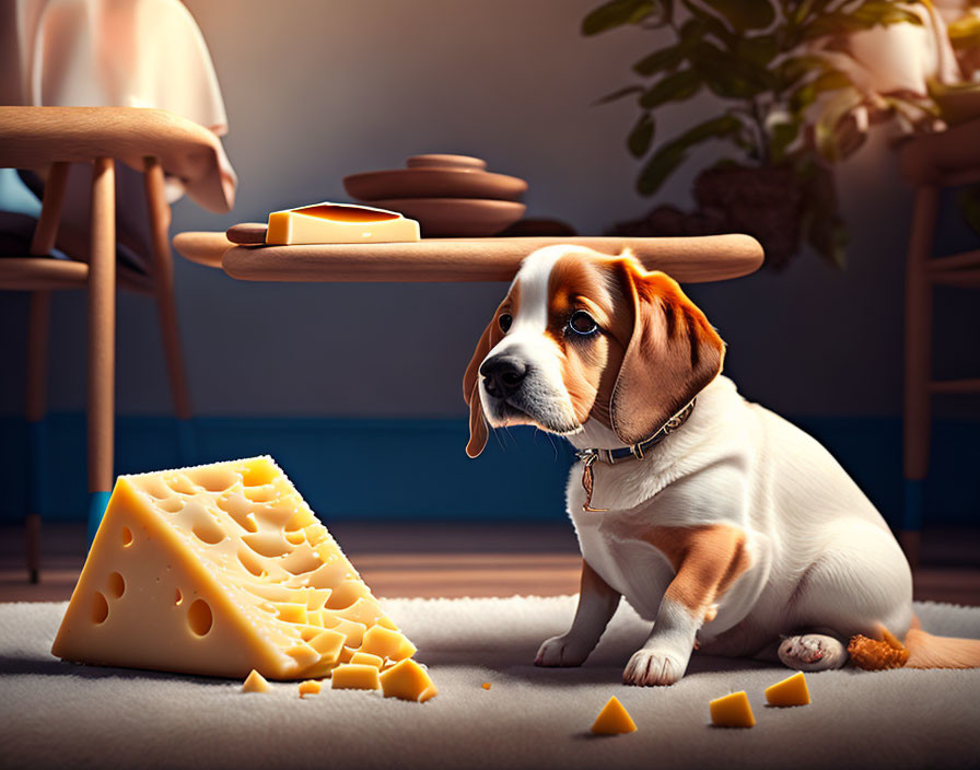 Beagle with Swiss Cheese and Sandwich on Floor