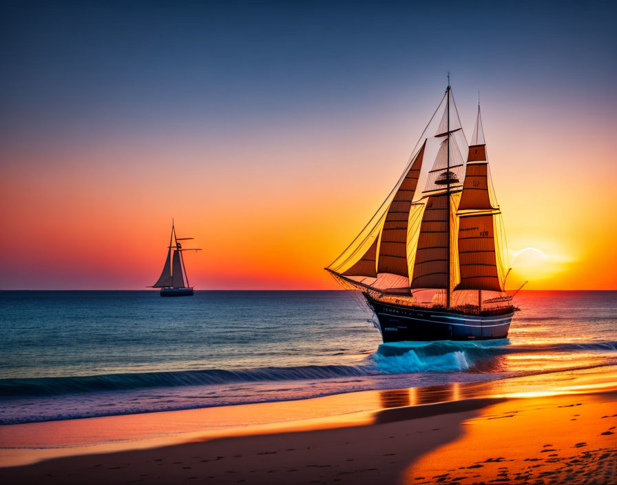 Amber sail sailing ships against vibrant sunset sky