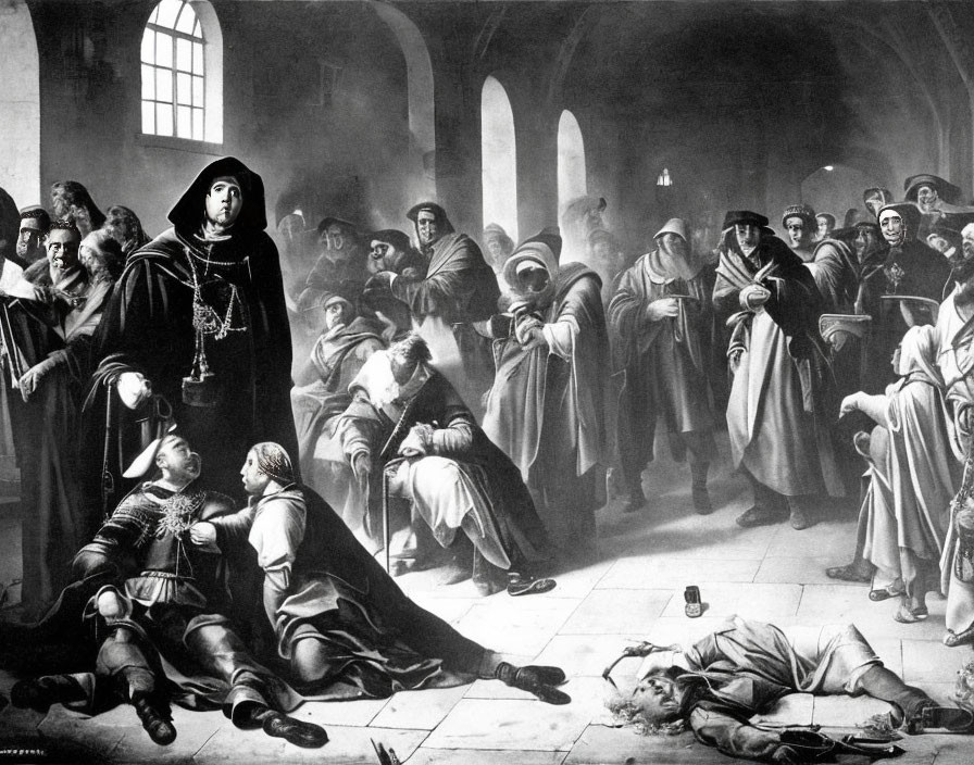 Monochrome historical painting of somber figures in cloaks and robes.