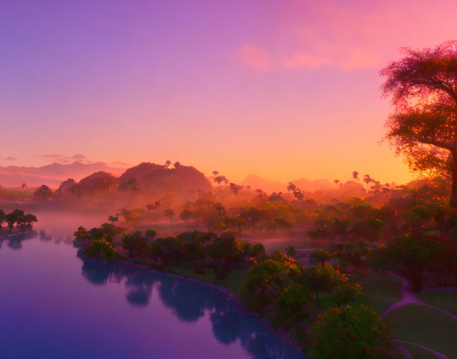 Tranquil sunrise landscape with purple and orange sky, misty forest, river, and mountains