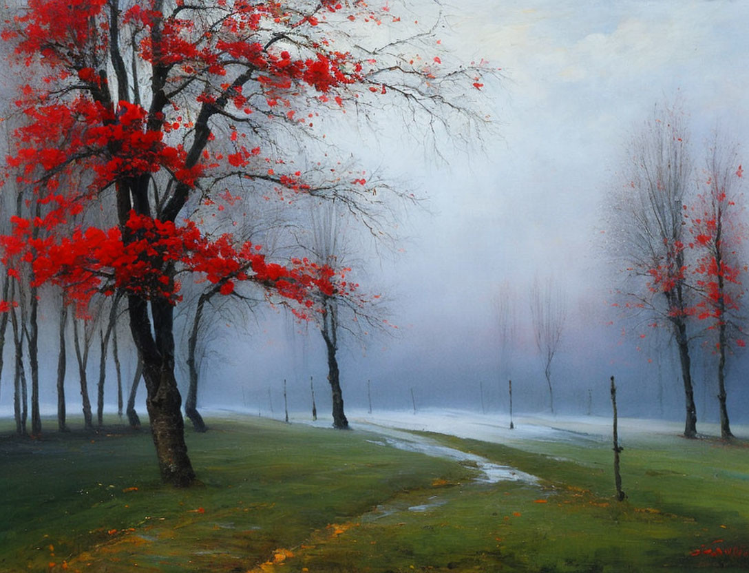 Serene landscape painting with red-leafed trees and misty background