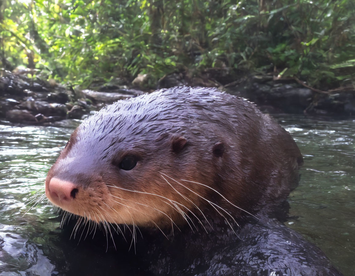 Detailed Close-Up of Otter in Water with Lustrous Fur and Whiskers in Focus