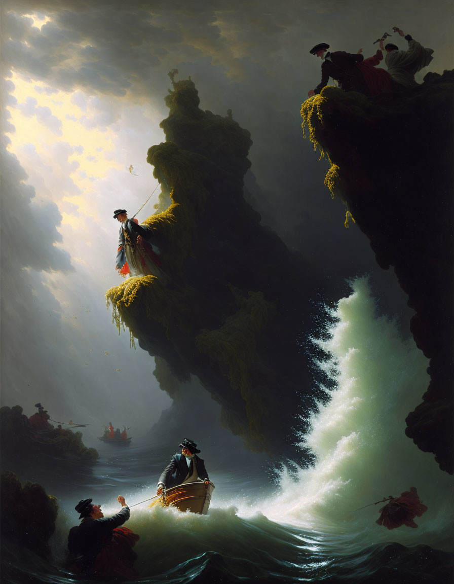 Dramatic scene of figures in small boats navigating turbulent waters