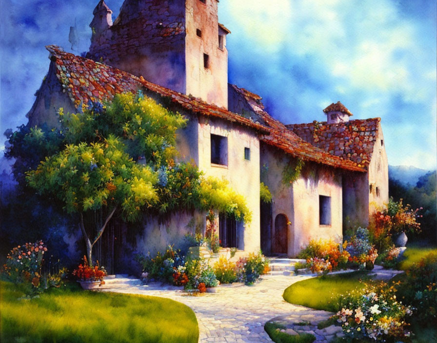 Rustic stone house with tower in lush garden scene