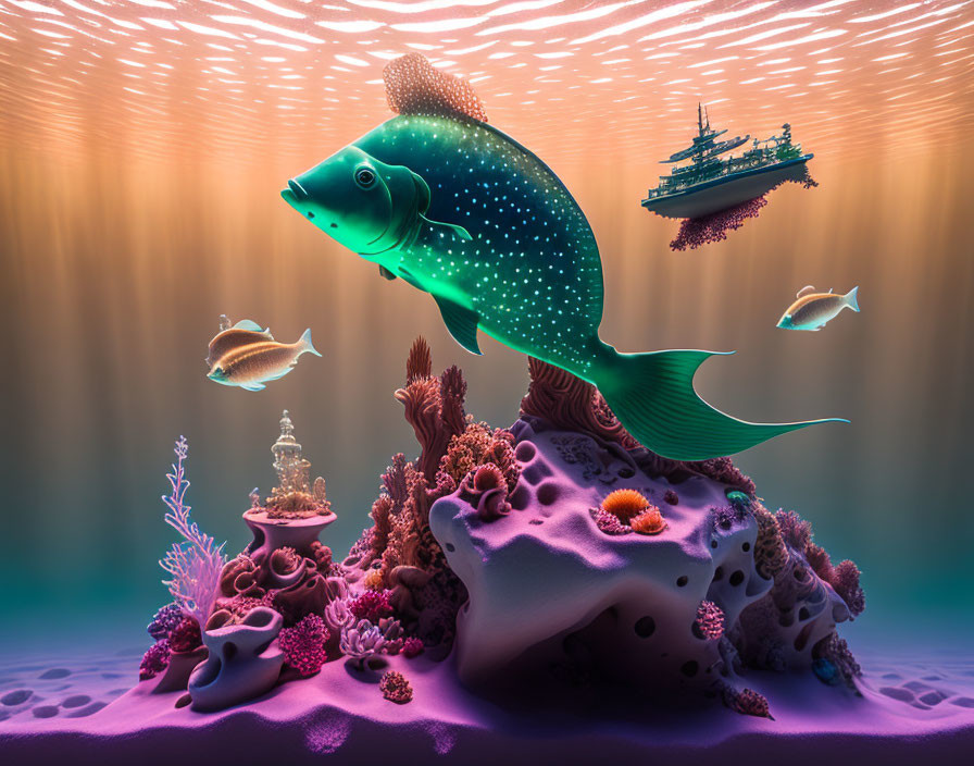 Colorful underwater scene with green fish, coral reef, and ship silhouette