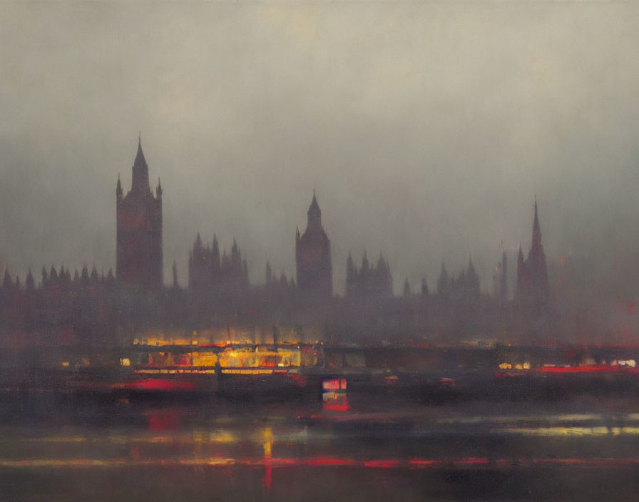 Misty riverside scene with illuminated buildings and Gothic architecture skyline