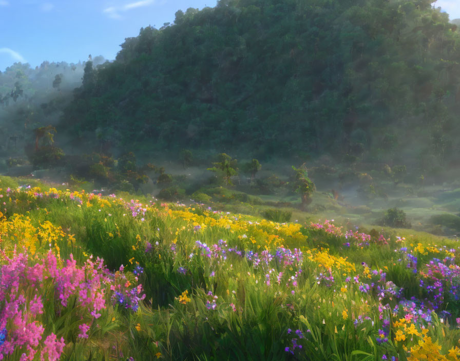 Vibrant wildflowers in lush meadow surrounded by misty forests and sunlit hills