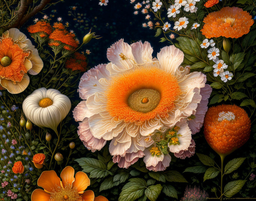 Detailed Orange and White Flowers on Dark Background