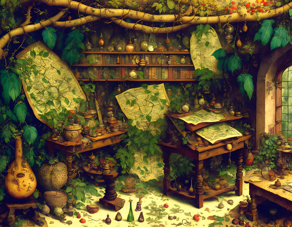 Cluttered alchemist's study with bottles, books, and botanicals