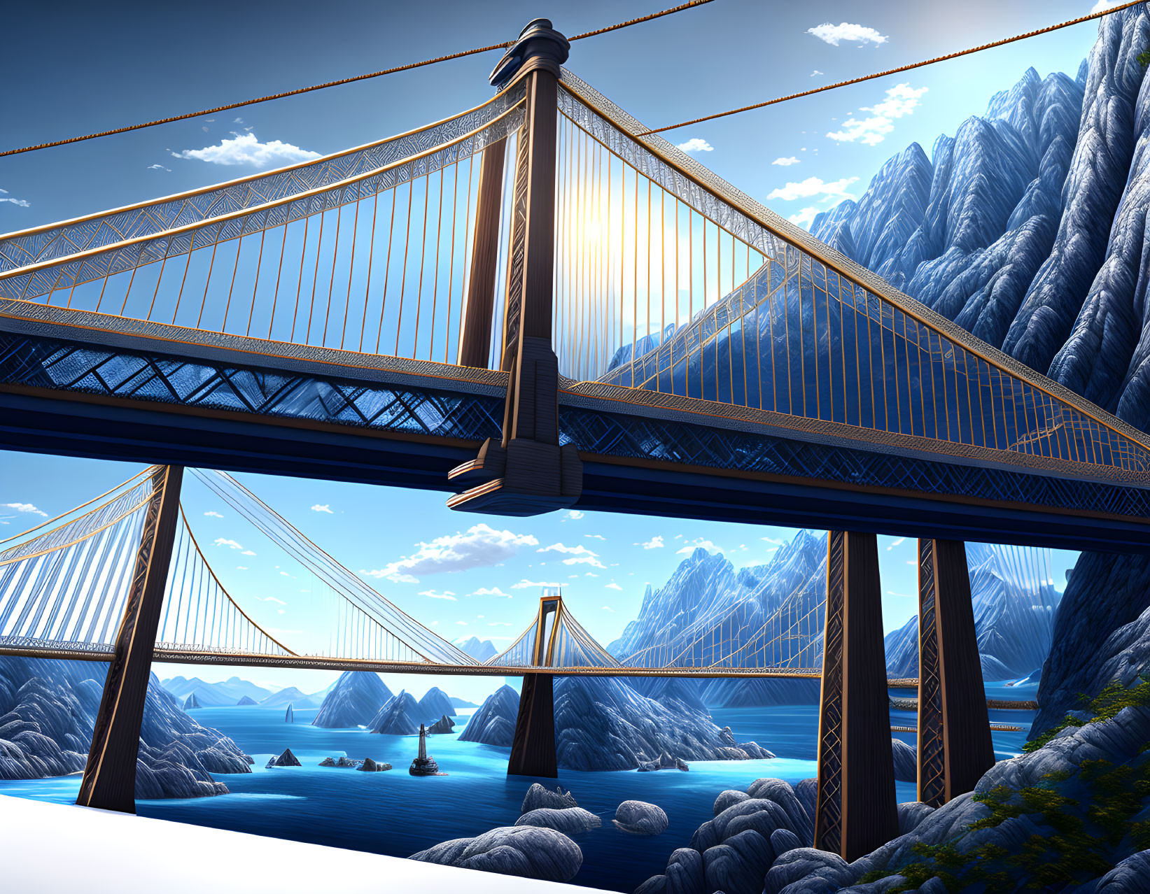 Digital artwork: Suspension bridge over tranquil blue bay with rugged mountains and clear sky