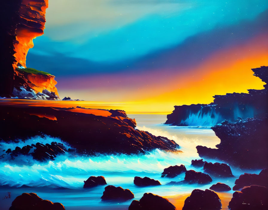 Vibrant painting of seaside cliff scene at dusk