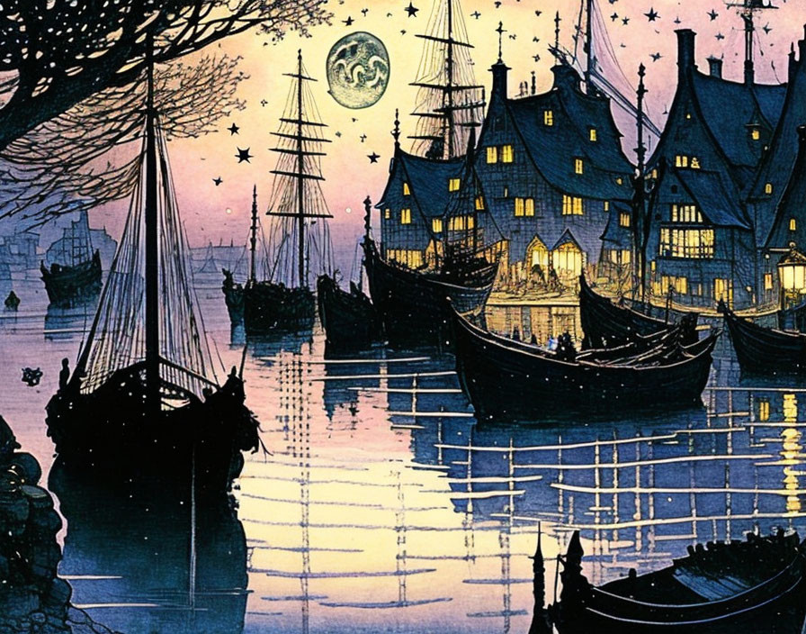 Moonlit harbor scene with boats, glistening water, starry sky, and old-style houses.