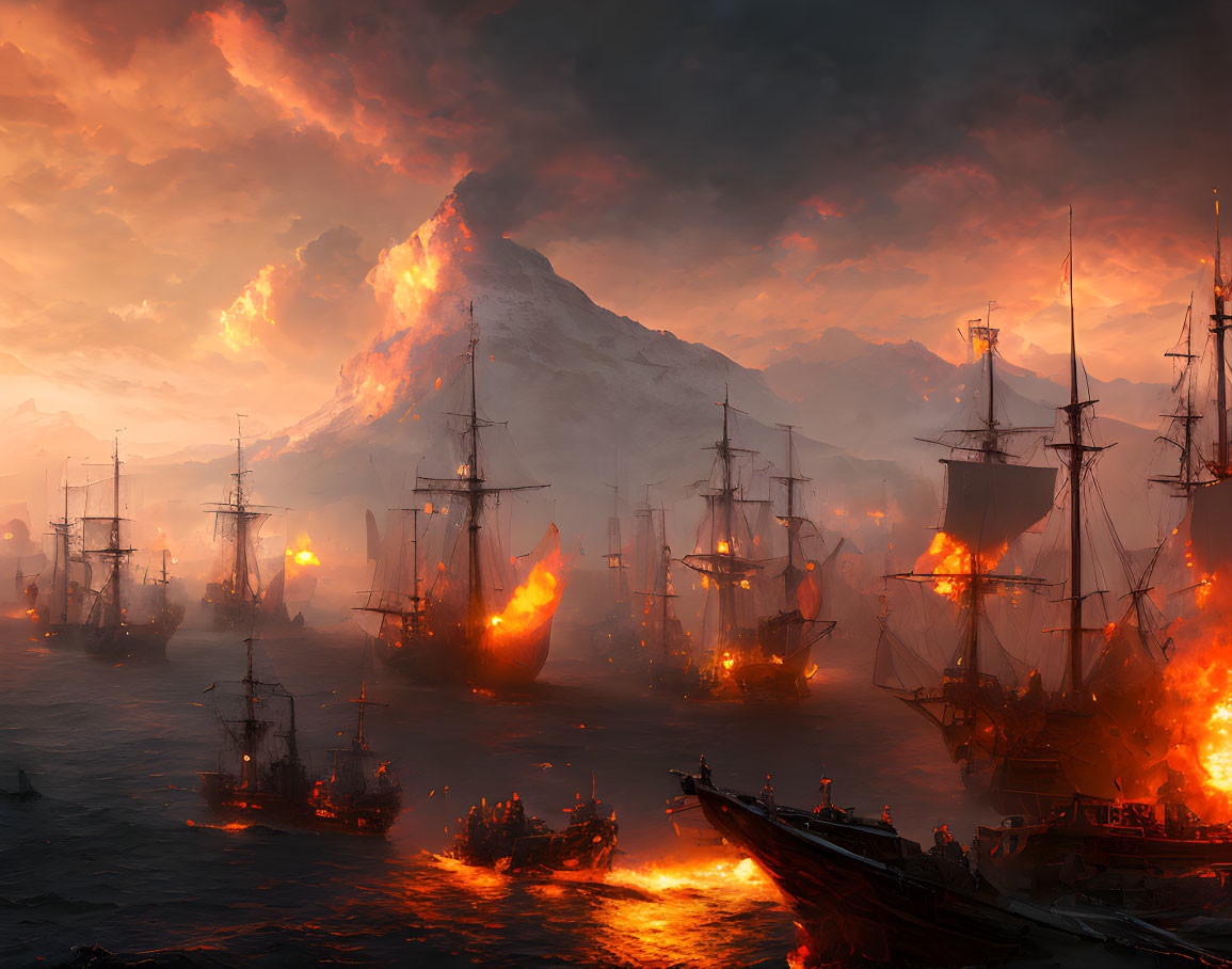 Burning ships in naval battle with volcanic mountain at sea