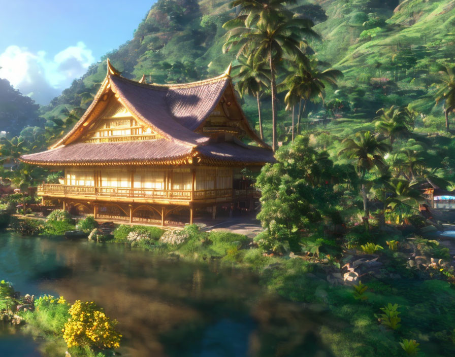 Traditional Asian-style house near calm river and lush greenery under clear sky