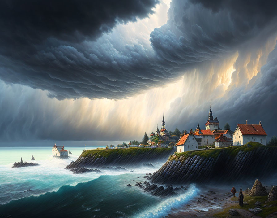 Stormy Coastal Scene with Lightning and Village by the Sea