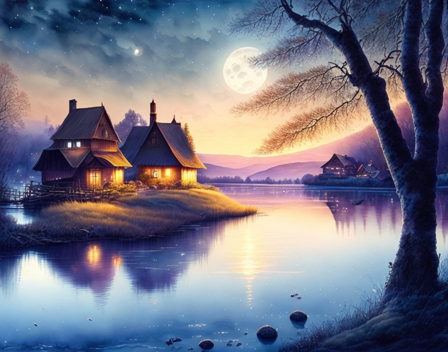 Tranquil twilight scene with cozy illuminated houses by a lake