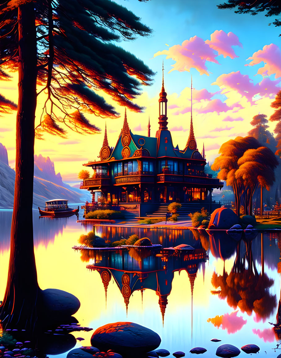 Fantastical lakeside mansion at sunset with reflections and boat