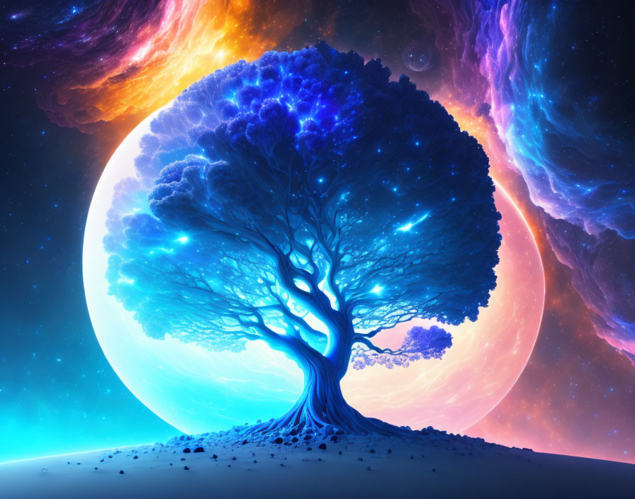 Digital artwork: Solitary tree with blue canopy in cosmic setting