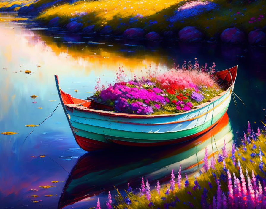 Colorful flowers on wooden boat in calm waters with lush greenery